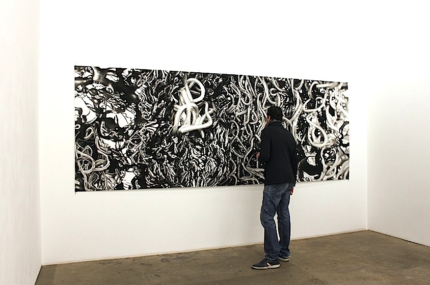 Peter Hock: Morphomaniac, 2016, at Josef Filipp, exhibition view [charcoal on paper, 150 x 400 cm]

